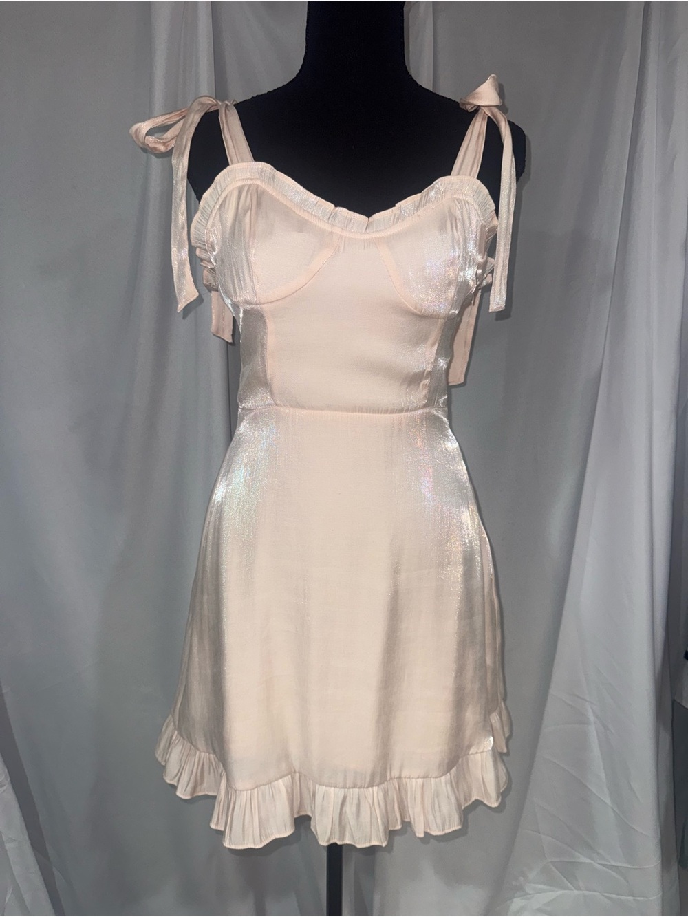 Forever 21 Iridescent Pearl Pink Tie-Shoulder Ruffle Mini Dress